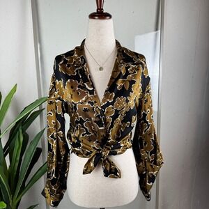 Dark Academia Botanical Satin Floral Zara Blouse XS Olive Black Button Down